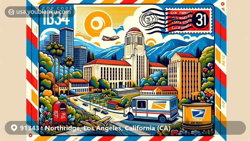 Modern illustration of Northridge, Los Angeles, California, highlighting California State University, Northridge (CSUN) as the landmark, set in a vibrant, web-friendly design with regional and postal themes, surrounded by San Fernando Valley's natural beauty and mountains.