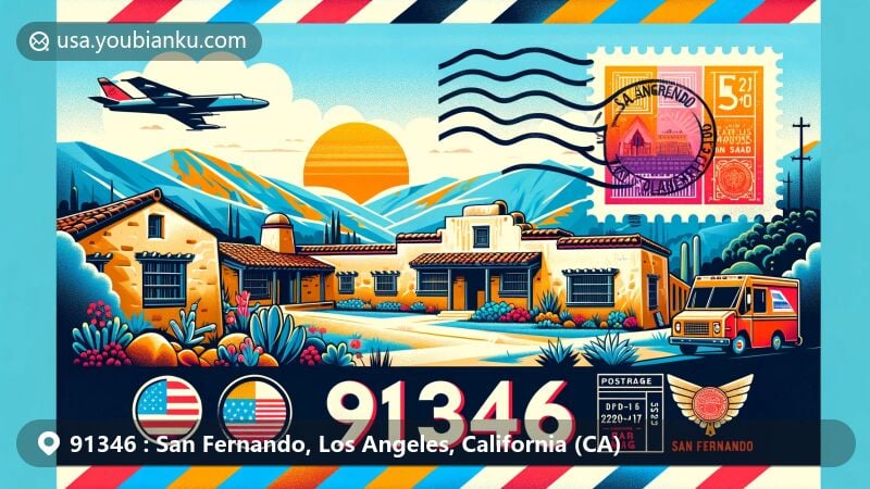Modern illustration of San Fernando, Los Angeles County, California, highlighting Andres Pico Adobe and Great Wall of Los Angeles mural, featuring vintage airmail envelope with ZIP code 91346, California state flag, and postal symbols.