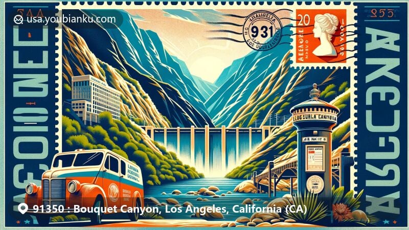 Modern illustration of Bouquet Canyon, Los Angeles, California (CA), capturing the natural allure of the area with streams from Sierra Pelona Mountains, Santa Clara River, and Bouquet Dam, featuring postal theme with ZIP code 91350 and Los Angeles County symbols.