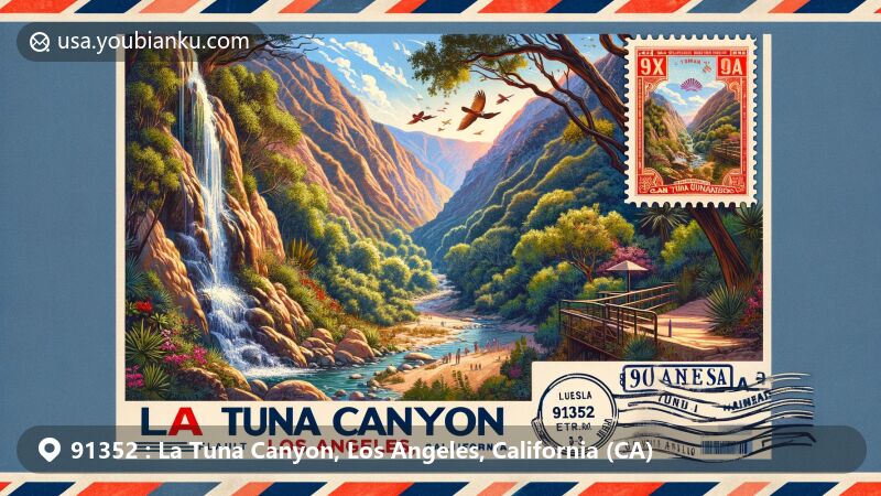 Modern illustration of La Tuna Canyon, Los Angeles, California, highlighting postal theme with ZIP code 91352, featuring La Tuna Canyon Park, Verdugo Mountains, and vintage airmail envelope with California state flag stamp.