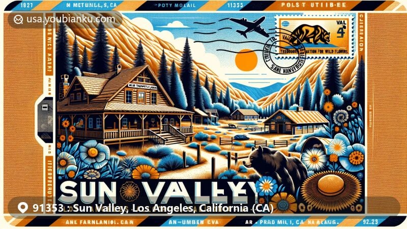 Modern illustration of Sun Valley area in Los Angeles, California, featuring postal theme with Old Trapper's Lodge, California Historical Landmark, and elements from Theodore Payne Foundation for Wild Flowers and Native Plants.