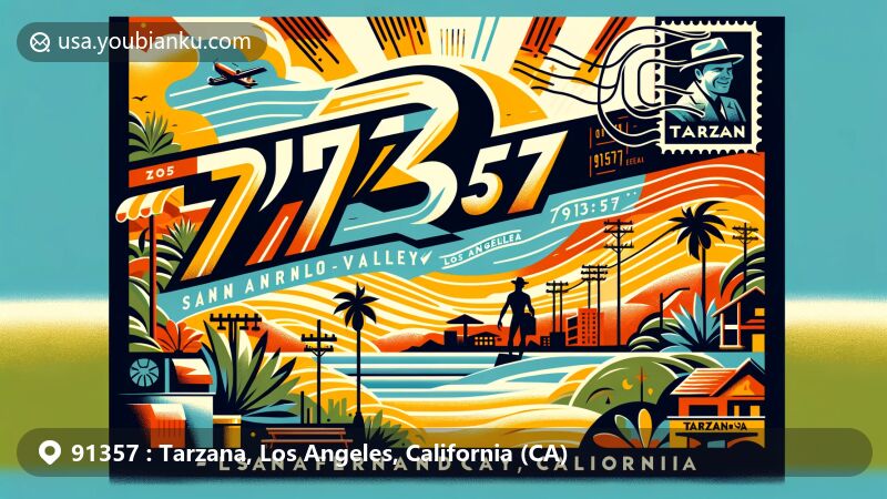 Modern illustration of Tarzana, Los Angeles, California, inspired by ZIP code 91357, paying tribute to Edgar Rice Burroughs and Tarzan character, capturing San Fernando Valley setting, Mediterranean climate, and postal theme with stylish postal elements.