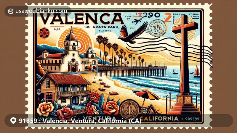 Modern illustration of Valencia, Ventura, California, featuring iconic landmarks like San Buenaventura Mission, Serra Cross at Grant Park, Ventura Pier, and Olivas Adobe against California's coastal beauty.