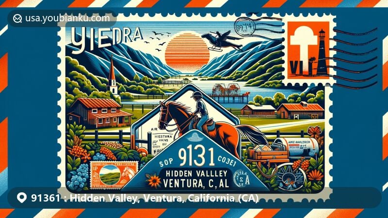 Modern depiction of Hidden Valley, Ventura, California, highlighting ZIP code 91361 with a creative postal theme, including airmail envelope, stamps, and postmarks. Elements feature equestrian ranches, Santa Monica Mountains, Lake Sherwood, San Buenaventura Mission, Ventura Pier, and Serra Cross at Grant Park.
