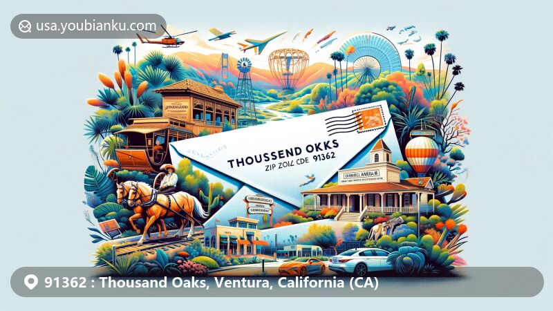 Modern illustration of Thousand Oaks, Ventura, California, featuring postal theme with ZIP code 91362, including Stagecoach Inn Museum, Jungleland, Conejo Valley Botanical Garden, Chumash Indian Museum, and Thousand Oaks Civic Arts Plaza.