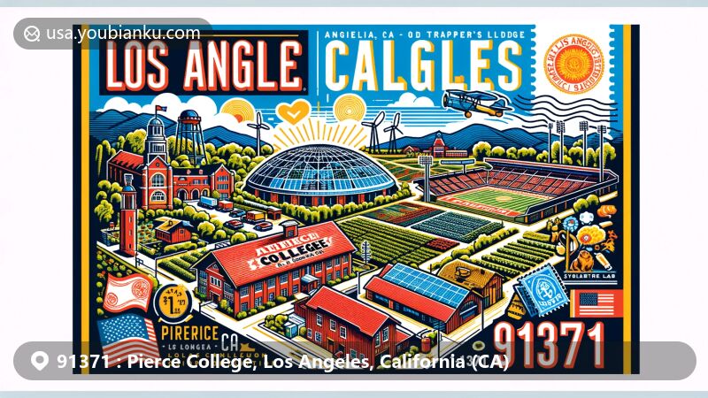 Modern postcard-style illustration of the 91371 ZIP code area in Los Angeles, California, showcasing Pierce College's landmarks like John Shepard Stadium and Old Trapper's Lodge, featuring California's state flag and symbols of postal communication.
