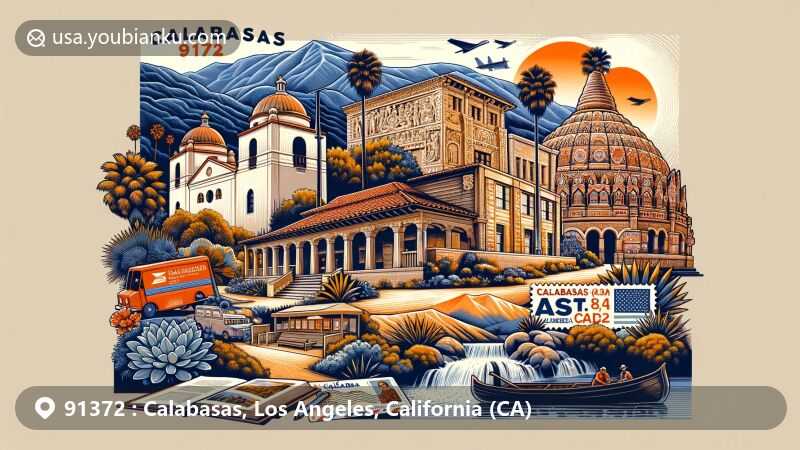 Modern illustration of Calabasas, California, showcasing iconic landmarks like Leonis Adobe Museum, Malibu Hindu Temple, and M*A*S*H filming location, along with postal elements like vintage air mail envelope and red-tailed hawk emblem.