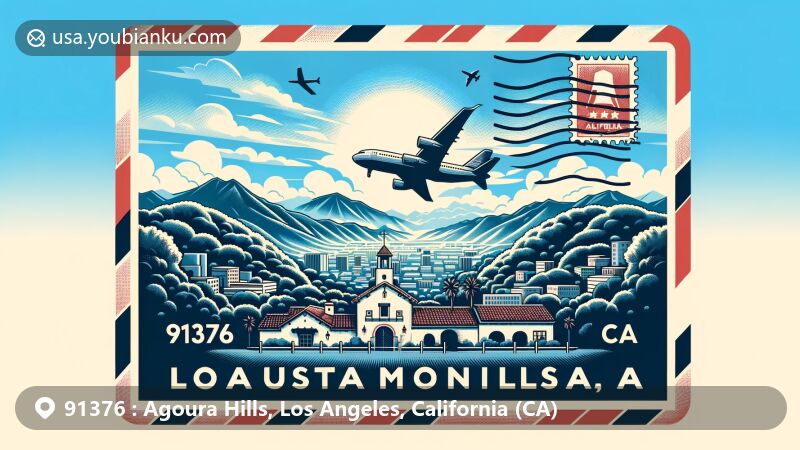 Modern illustration of Agoura Hills, Los Angeles County, California, with Santa Monica Mountains backdrop, Reyes Adobe Historic Site, air mail envelope design, California state flag, and postal theme.