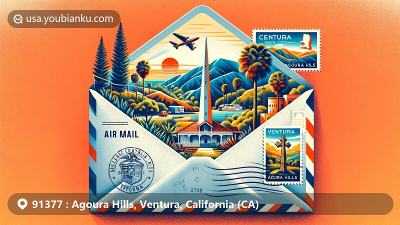 Modern illustration of Agoura Hills, Ventura, California, featuring a postal theme and highlighting Malibu Creek State Park, Serra Cross at Grant Park, and Reyes Adobe Historical Site.