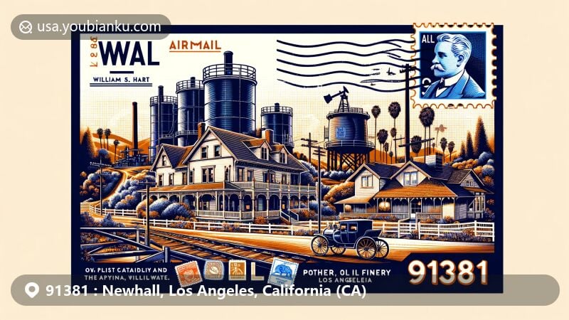 Regional illustration of Newhall, Los Angeles, California, focusing on postal theme with ZIP code 91381, featuring William S. Hart Park and Pioneer Oil Refinery.