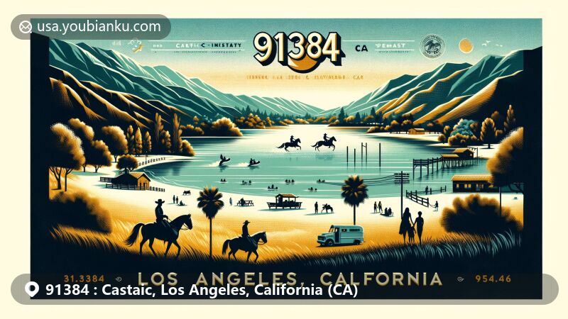 Modern illustration of Castaic area, Los Angeles County, California, showcasing Castaic Lake views against rugged terrain, with ghostly cowboys and modern family enjoying outdoor activities, capturing historical Castaic Range War significance.