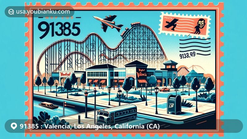 Modern illustration of Valencia, Los Angeles County, California, featuring ZIP code 91385, showcasing Six Flags Magic Mountain and Westfield Valencia Town Center, highlighting the paseo system and postal theme.