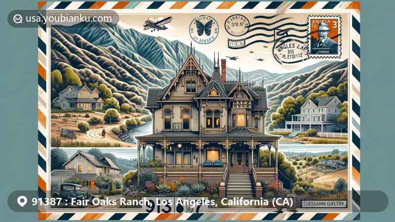 Modern illustration of Fair Oaks Ranch, Los Angeles, California, portraying ZIP code 91387, highlighting Victorian Crank House, Sierra Pelona Mountains, and San Gabriel Mountains.