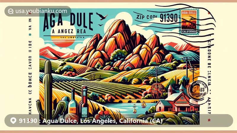 Imaginative postcard illustration of Agua Dulce, Los Angeles, California, showcasing Vasquez Rocks Natural Area Park and Agua Dulce Winery elements, with a postmark featuring ZIP Code 91390 and a California state symbol stamp.