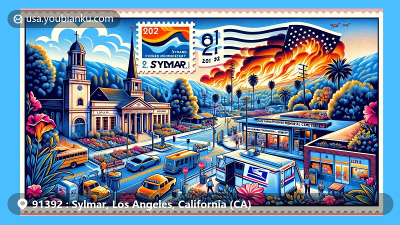 Modern illustration of Sylmar, Los Angeles, California, capturing the essence of ZIP code 91392 with vibrant visuals of San Fernando Pioneer Memorial Cemetery, 2008 Sayre Fire, and symbolic postal elements.