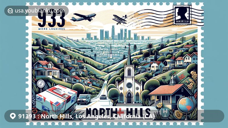 Modern illustration of North Hills, Los Angeles, California, showcasing postal theme with ZIP code 91393, featuring Our Lady of Peace Catholic Church, historic Porter Land and Water Company motif, air mail envelope, postage stamps, and North Hills skyline, representing the area's transition from agricultural community to suburban residential hub with diverse population.