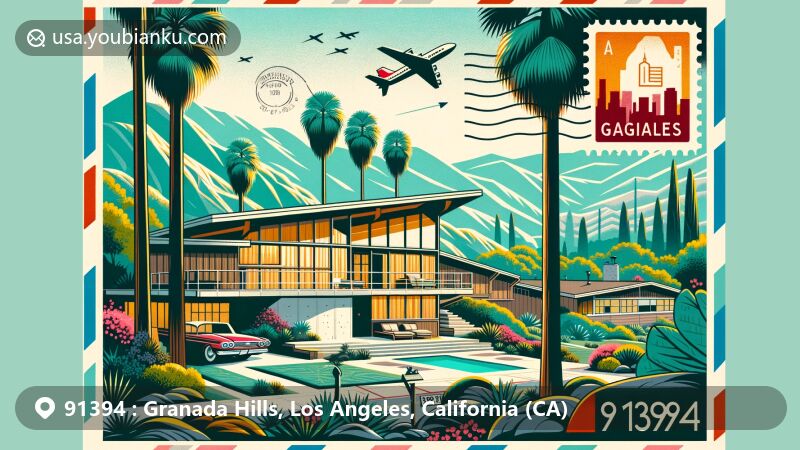 Modern postcard-style illustration of Granada Hills, Los Angeles, California, featuring Mid-century modern architecture, Deodar Cedar trees, O'Melveny Park landscape, and postal elements with ZIP code 91394.