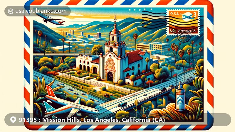 Modern illustration of Mission Hills, Los Angeles, California, depicting historical postal theme with Mission San Fernando Rey de España, Andrés Pico Adobe, and California map, set against San Fernando Valley landscape and freeways.