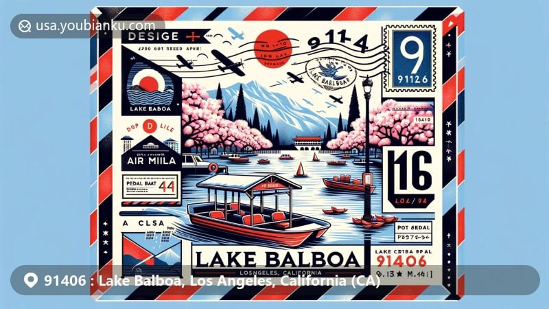 Modern illustration of Lake Balboa, Los Angeles, California, showcasing the iconic park with cherry blossom trees and postal elements, featuring vintage air mail envelope, stylized postage stamp, and creative postal cancellation mark.