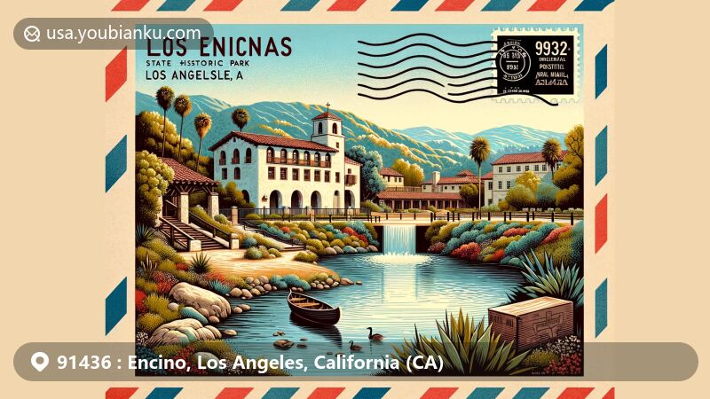 Modern illustration of Encino, Los Angeles, California, capturing the essence of the 91436 postal code area and the iconic Los Encinos State Historic Park, featuring historical buildings, natural spring, and vintage air mail envelope with ZIP code 91436.