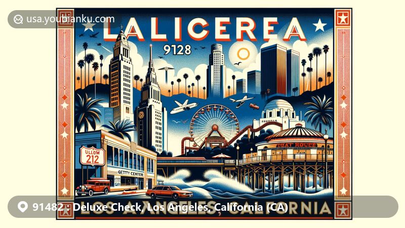 Modern illustration of ZIP code 91482 in Deluxe Check, Los Angeles, California, highlighting iconic landmarks like the Getty Center, Santa Monica Pier, Griffith Observatory, and Hollywood Sign, with elements of California culture and vibrant city life.