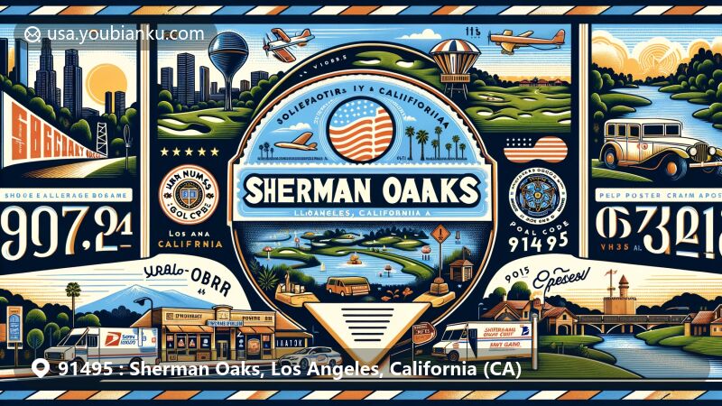 Modern illustration of Sherman Oaks, Los Angeles, California, showcasing ZIP code 91495 with iconic Ventura Boulevard, Van Nuys Golf Course, and Sherman Oaks Castle Park.