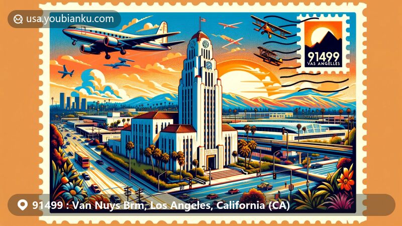 Modern illustration of Van Nuys, Los Angeles, California, showcasing ZIP code 91499 with local landmarks and postal elements, featuring Valley Municipal Building, Van Nuys Airport, and Sepulveda Basin Wildlife Reserve.