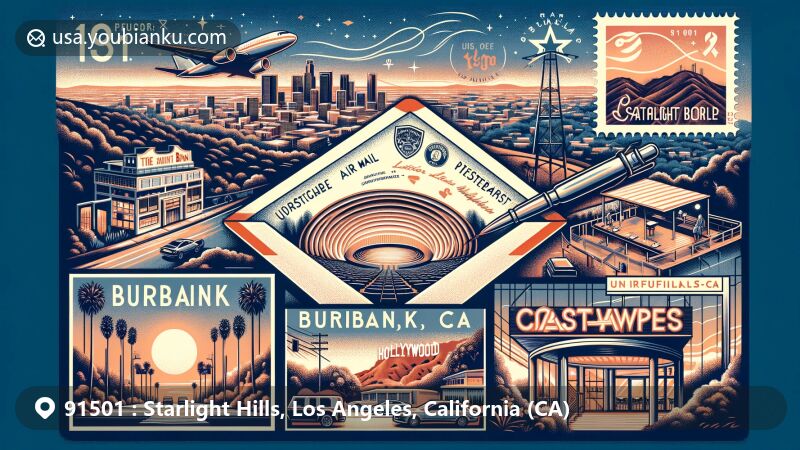 Modern illustration of Starlight Hills, Burbank, California, representing postal code 91501 with iconic landmarks like Starlight Bowl, Urban Press Winery, and Castaway Restaurant, featuring vintage airmail elements and Griffith Park backdrop.