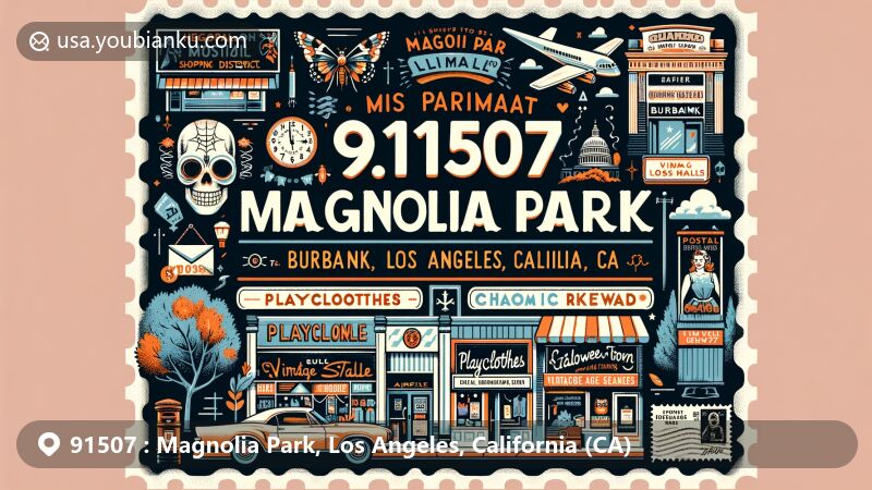 Modern illustration of Magnolia Park, Burbank, California, ZIP code 91507, showcasing retro shopping district with unique boutiques, diverse restaurants, antique stores, and postal elements like air mail envelope, stamps, and postmark.