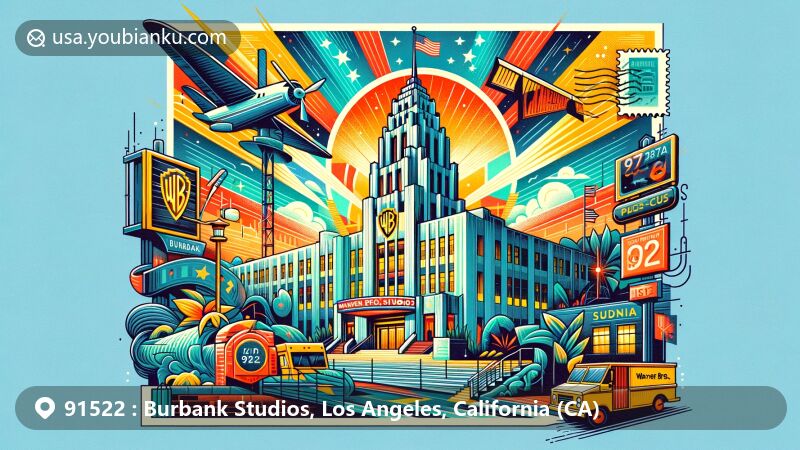Charming illustration of ZIP code 91522 area in Burbank Studios, Los Angeles, CA, showcasing Warner Bros. Studios facade and California state symbols.