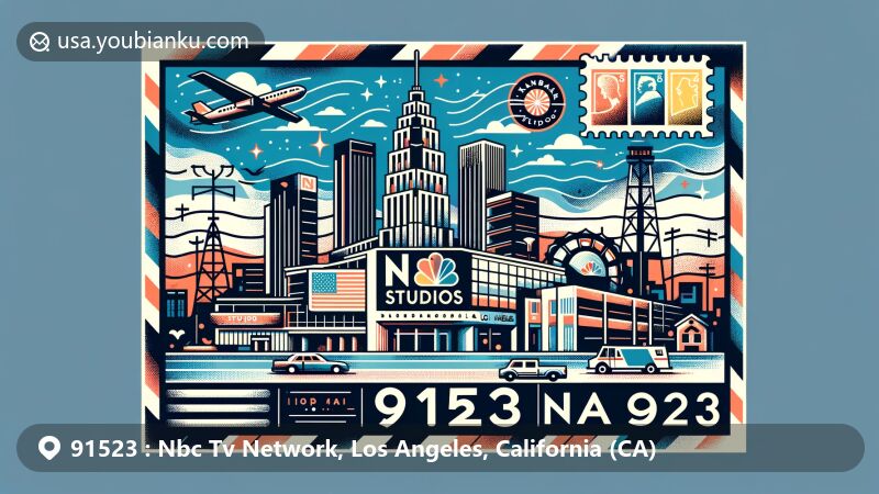 Modern illustration of Burbank, Los Angeles, California, themed around ZIP code 91523 and the NBC Studios area, featuring a postcard design with air mail elements, including stamps and postmark, highlighting California's state symbols.