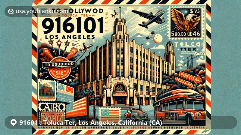 Modern illustration of Toluca Terrace, North Hollywood, Los Angeles, California, featuring iconic Universal Studios Hollywood and The Federal NoHo, blended with postal themes like vintage postcard layout and air mail envelope design.
