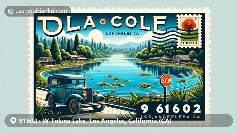 Modern illustration of W Toluca Lake, Los Angeles, California, showcasing serene lake view with lush greenery, vintage car, and subtle California state flag.