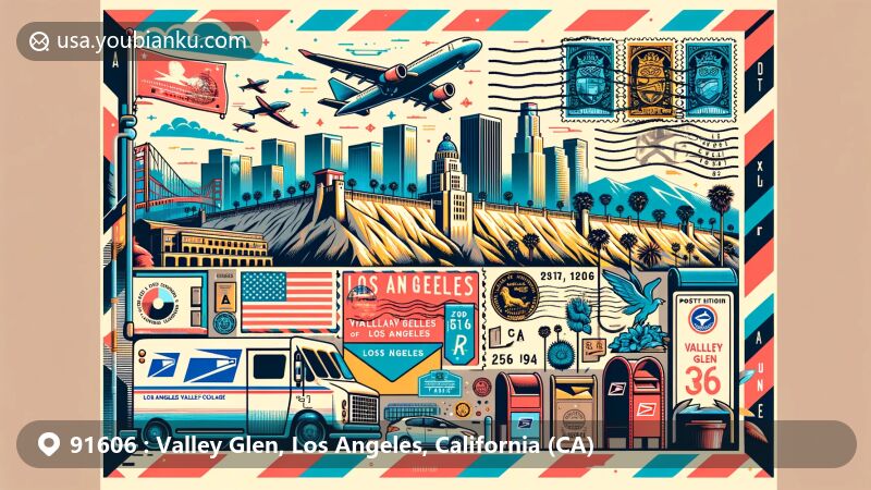 Modern illustration of Valley Glen, Los Angeles, California, with postal theme showcasing Los Angeles Valley College and The Great Wall of Los Angeles, incorporating ZIP code 91606.