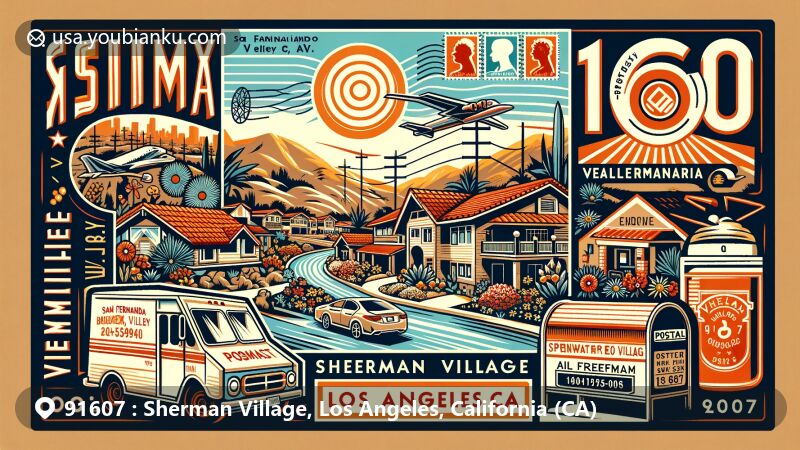 Modern illustration of Sherman Village, Los Angeles, California, featuring vibrant Valley Village community with sun symbol and Spanish ranch-style homes, Tujunga Wash, Ventura Freeway, and postal theme with ZIP code 91607.