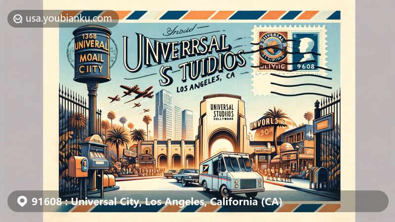 Modern illustration of Universal Studios Hollywood, featuring iconic entrance and amusement rides, with a postcard displaying '91608 Universal City, CA' and a decorative stamp. Vintage American-style mailbox adds postal theme.