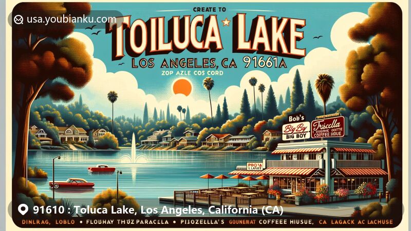 Modern illustration of Toluca Lake, Los Angeles, California, with vintage postcard style showcasing the iconic Bob's Big Boy restaurant and Priscilla’s Gourmet Coffee House, set against a backdrop of serene waters and lush greenery, capturing the neighborhood's upscale atmosphere.