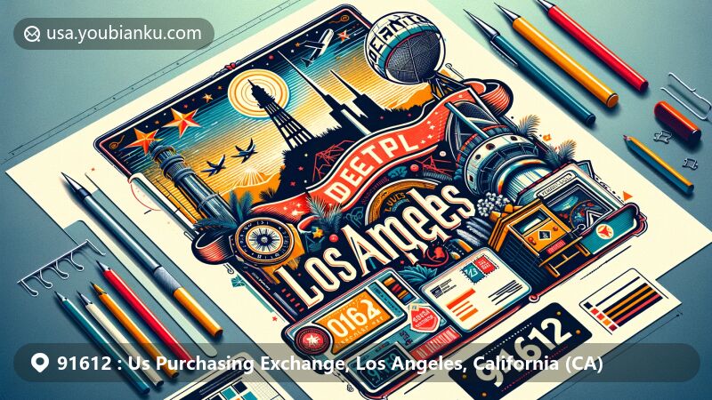 Modern illustration of Los Angeles featuring the Hollywood Sign and Griffith Observatory, with postal elements like a postmark, ZIP Code 91612, and decorative mailbox and mail van.