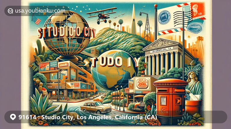 Modern illustration of Studio City, Los Angeles, California, showcasing postal theme with ZIP code 91614, featuring Universal Studios Globe, Coldwater Canyon Park, Ventura Boulevard, and Campo De Cahuenga.