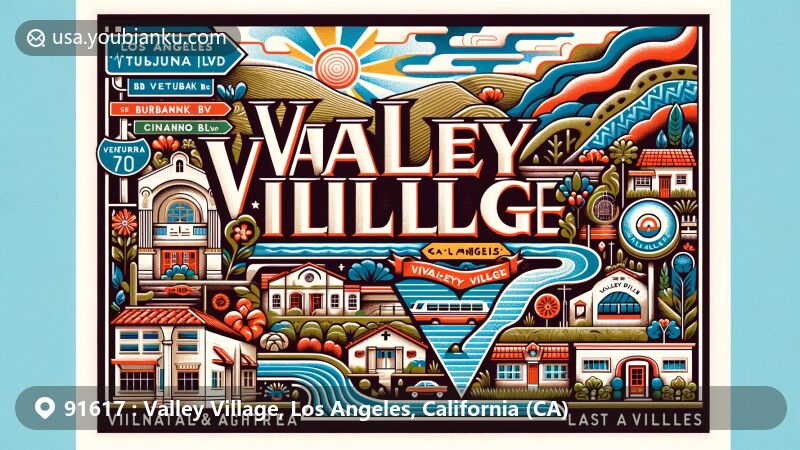 Modern illustration of Valley Village, Los Angeles, California, depicting postal code 91617 with geographical and cultural elements, including boundaries, climate, residential architecture, 'Valley Village' sign, and postal symbols.