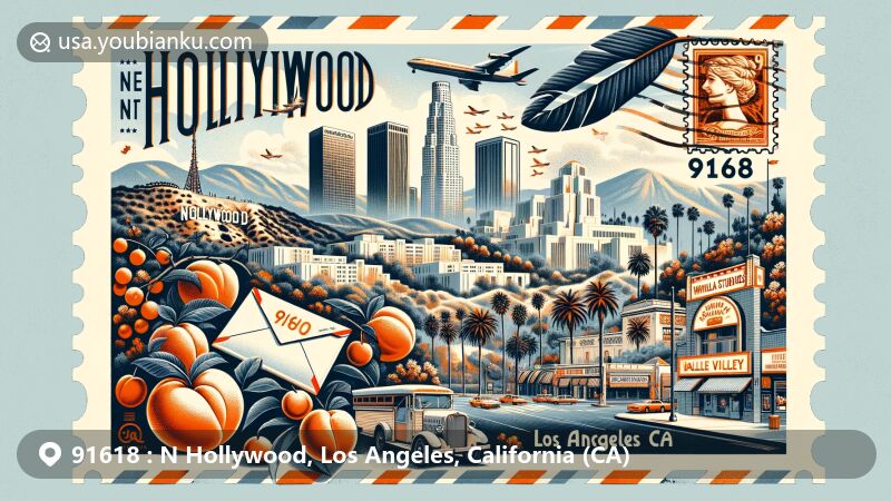 Modern illustration of North Hollywood, Los Angeles, California, depicting the iconic Universal Studios Hollywood theme park, historic Toluca Fruit Growers Association origins, NoHo Arts District, and the San Fernando Valley landscape, all intertwined with a postal theme.