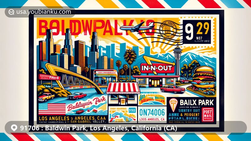 Modern illustration of Baldwin Park, Los Angeles County, California, with postal theme featuring ZIP code 91706, showcasing the first In-N-Out burger joint, symbolizing its pioneering role in fast food culture. The artwork highlights the geographical location of Central San Gabriel Valley, reflecting the community's diversity, vitality, and the sunny climate of Southern California. It incorporates nostalgic postal elements like retro airmail envelope borders, postage stamp with In-N-Out storefront, and prominent display of the ZIP code, creating a warm and nostalgic atmosphere to celebrate Baldwin Park's local cultural and historical significance.