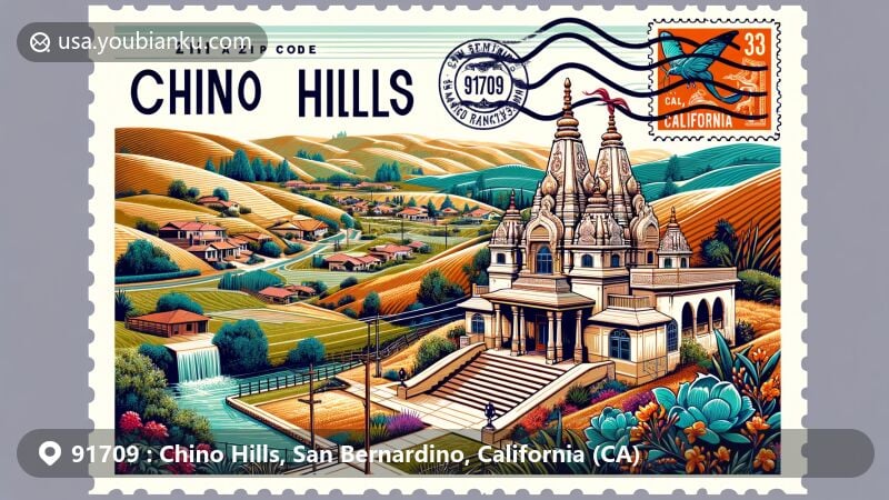 Modern illustration of Chino Hills, California, showcasing BAPS Shri Swaminarayan Mandir, a cultural landmark in 91709 area, San Bernardino County.