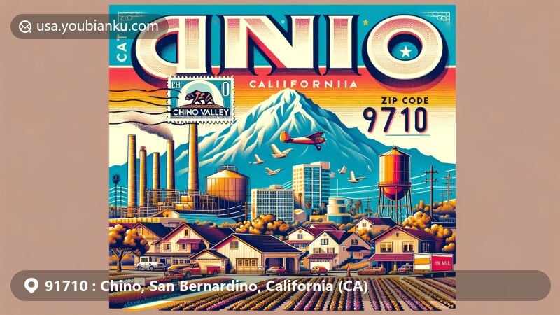 Modern illustration of Chino, California, showcasing ZIP code 91710, depicting historical sugar beet and dairy industries, along with contemporary suburban elements like Chino Valley Creamery and Mount San Antonio.