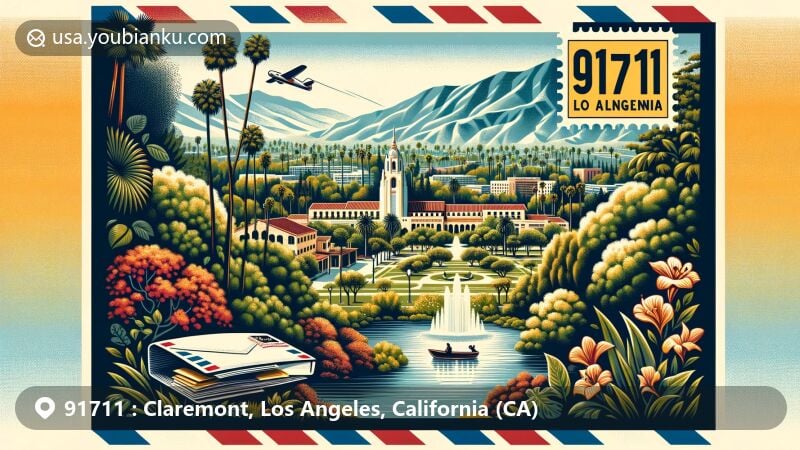 Wide illustration of Claremont, Los Angeles County, California, highlighting San Gabriel Mountains, tree-lined streets, California Botanic Garden, Claremont Colleges, and historical landmarks, with a vintage air mail envelope featuring ZIP code 91711.