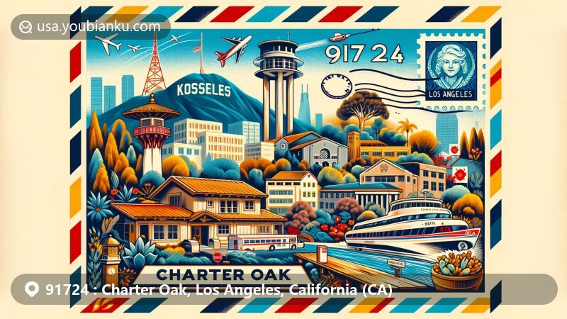 Modern illustration of Charter Oak, Los Angeles County, California, highlighting postal theme with ZIP code 91724, featuring Charter Oak Unified School District, Citrus College, Mount San Antonio College, and iconic LA landmarks.