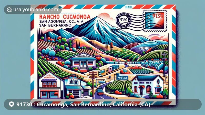 Modern illustration of Rancho Cucamonga, San Bernardino, California, inspired by ZIP code 91730, featuring Cucamonga Peak, historical vineyards, Chinatown House, and John Rains House.
