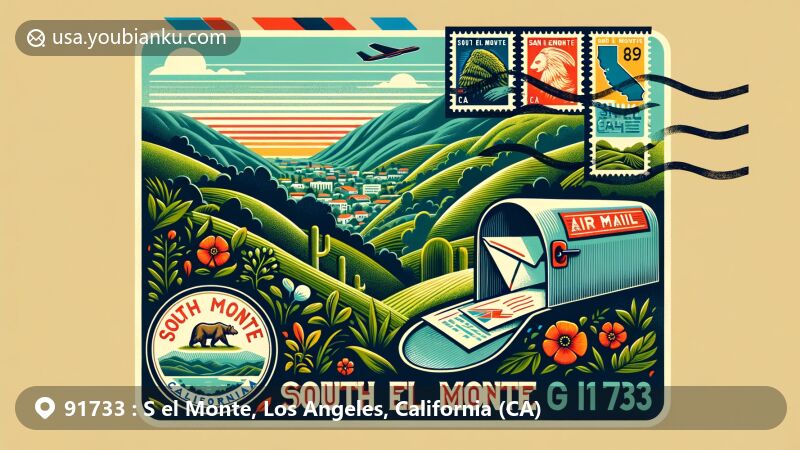Modern illustration of South El Monte, California, highlighting ZIP code 91733, showcasing the San Gabriel Valley's natural beauty and postal elements like vintage air mail envelope, stamps, and postmark.