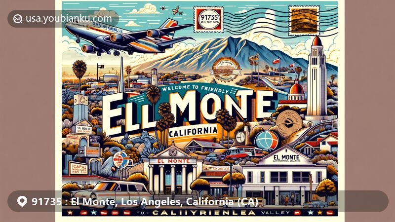 Modern illustration of El Monte, California, showcasing end of Santa Fe Trail and San Gabriel Valley Airport, with ZIP code 91735 and postal themes, featuring state flag and local landmarks.