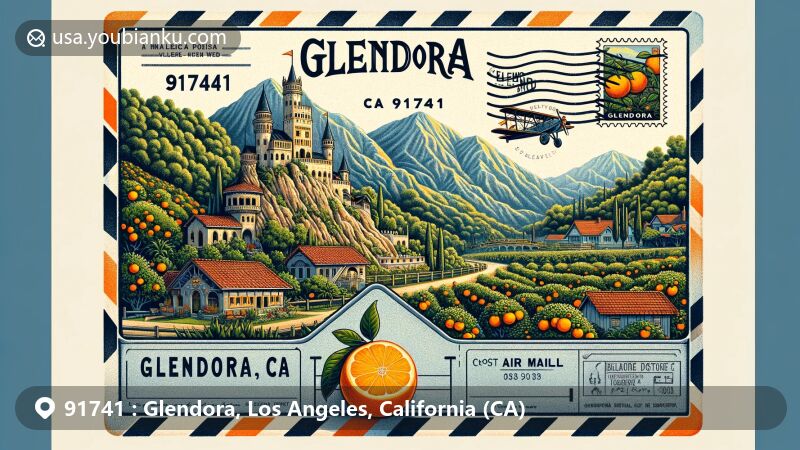Modern illustration of Glendora, Los Angeles County, California, highlighting Rubel Castle, San Gabriel Mountains, and citrus industry heritage, all within a vintage air mail envelope with a postmark of ZIP code 91741.
